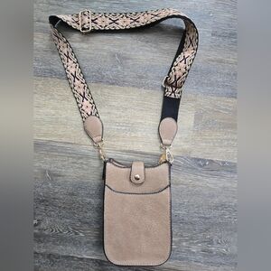 Tan Crossbody Bag with Patterned Strap